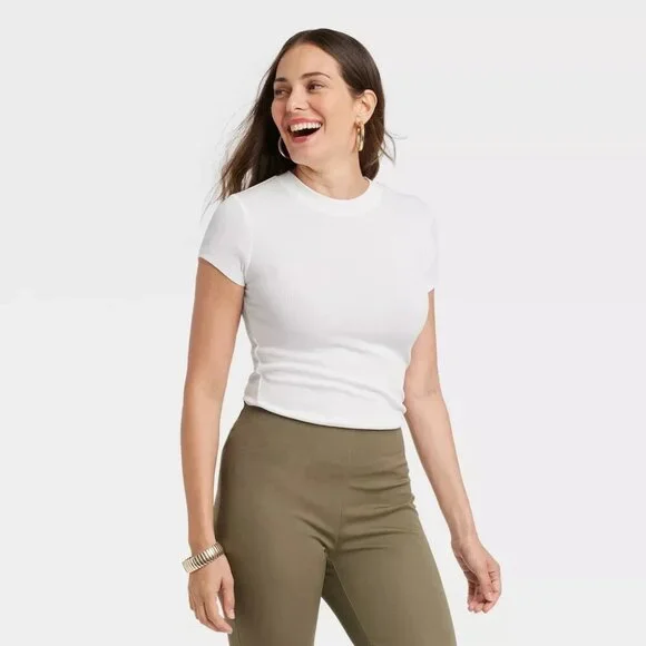 2 PACK Large - Womens Slim Fit Short Sleeve Ribbed T-Shirt - A New Day - White - Picture 6 of 7